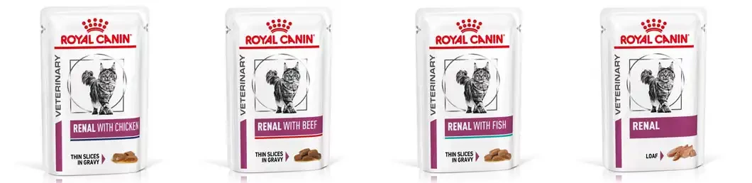 Die vierschiedenen Geschmacksrichtungen von Royal Canin Renal Nassfutter füe Katzen