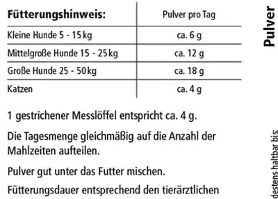 Almazyme Pulver fuer Hunde und Katzen Fuetterungstabelle