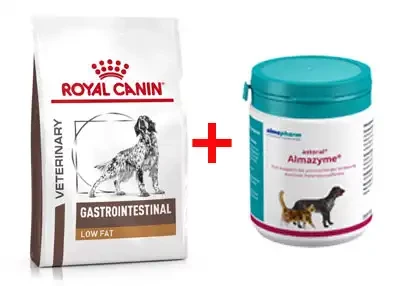 Almazyme Pulver fuer Hunde und Katzen mit Royal Canin Gastro Intestinal Low Fat