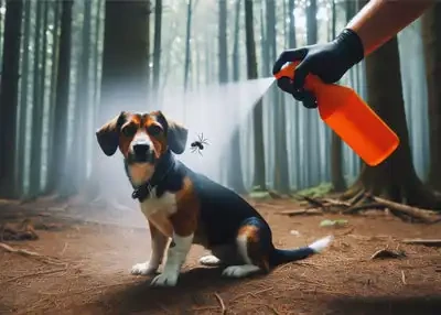 Hund im Wald wird mit centaura spray eingesprueht