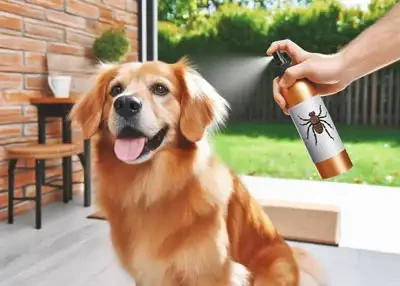 Hund wird mit centaura spray eingesprueht auf der Terasse