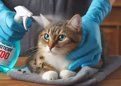 Insecticide 2000 wird auf eine katze gesprueht und mit lappen abgerieben